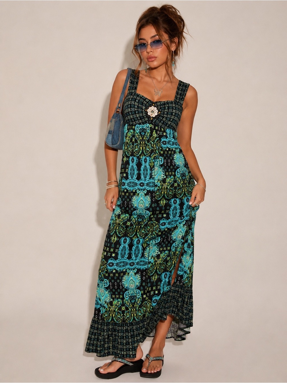 Vintage Y2K CATO Maxi Dress Small Paisley Boho Empire Waist Beaded Festival Sz S